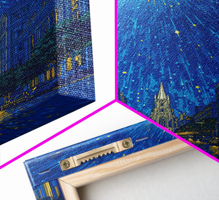 Radiant Starburst Above Blue City Street Canvas Print, Night Skyline Wall Art, Modern Travel Poster, Gothic Cathedral Decor