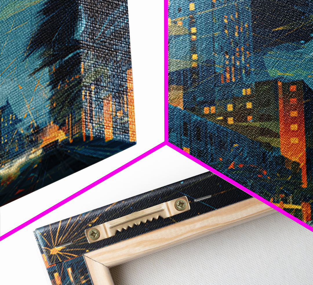 Glowing Art Deco Night City With Palms Wall Art, Mid Century Modern Poster, Retro Urban Decor, Blue Orange Living Room Print