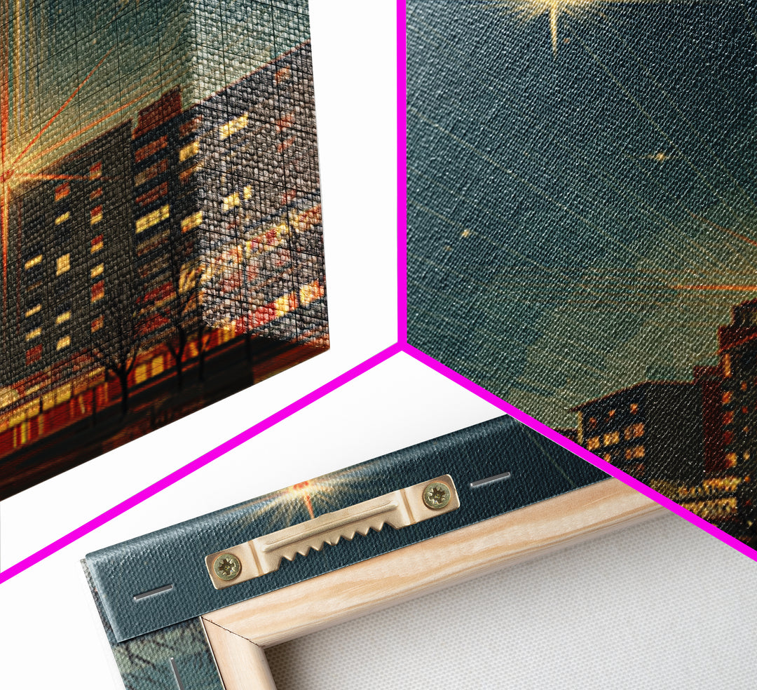 Radiant Starburst Skyline Over Waterfront Wall Art, Mid Century Modern City Print, Retro Night Decor, Office Poster Gift