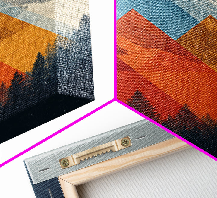 Snowy Alpine Peak With Orange Blue Triangles Framed Canvas Print, Mid Century Modern Wall Art, Forest Landscape Decor Print