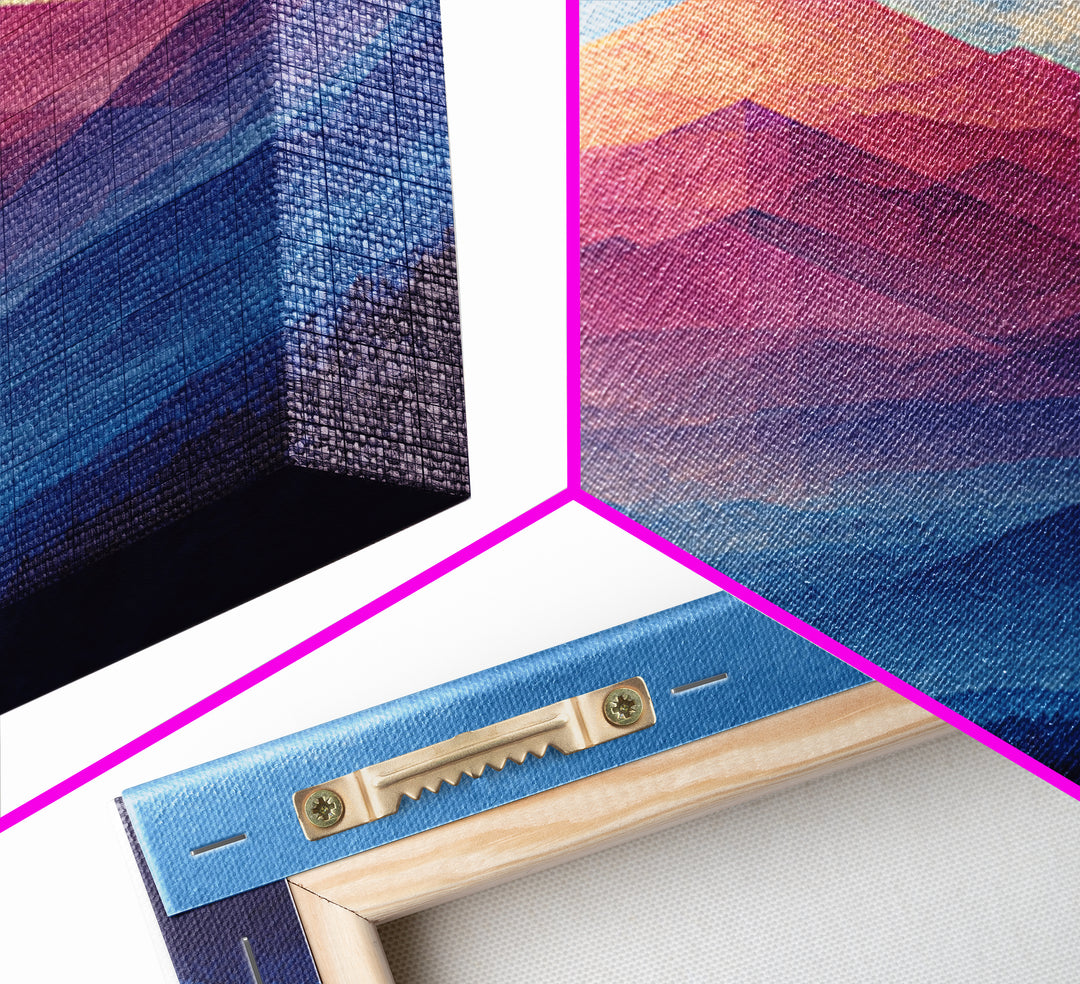 Pink And Blue Layered Mountain Sunset Wall Art, Mid Century Modern Abstract Landscape Print, Colorful Bedroom Decor Gift