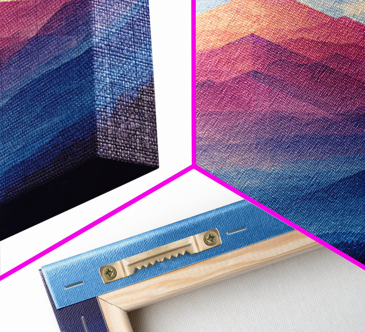 Pink And Blue Layered Mountain Sunset Wall Art, Mid Century Modern Abstract Landscape Print, Colorful Bedroom Decor Gift