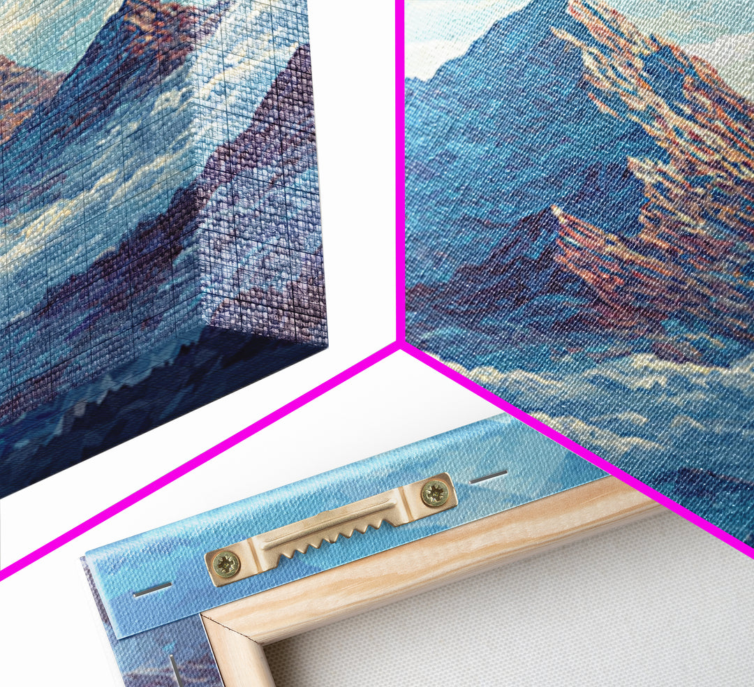 Snowy Peak Rising Above Clouds Framed Canvas Print, Mid Century Modern Wall Art, Blue Mountain Landscape Office Decor Poster