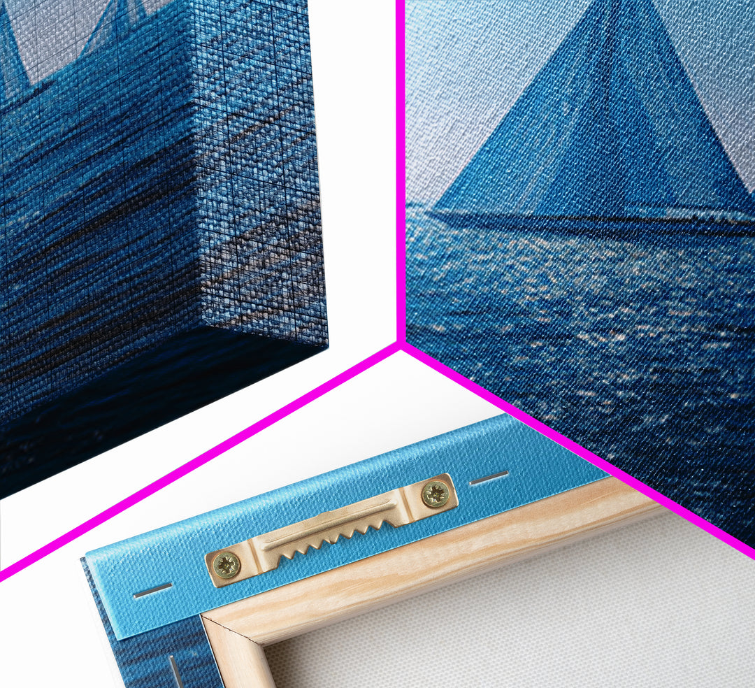 Blue Sailboats On Sparkling Ocean Wall Art, Mid Century Modern Canvas Print, Nautical Coastal Decor, Beach House Poster Gift