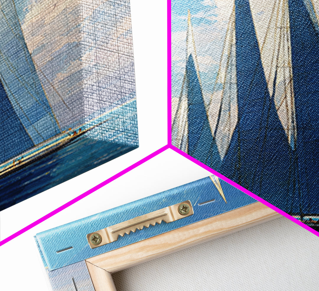 Blue Sailboat Fleet On Sparkling Sea Wall Art, Nautical Coastal Decor, Modern Art Print, Living Room Ocean Canvas, Boat Lover Gift
