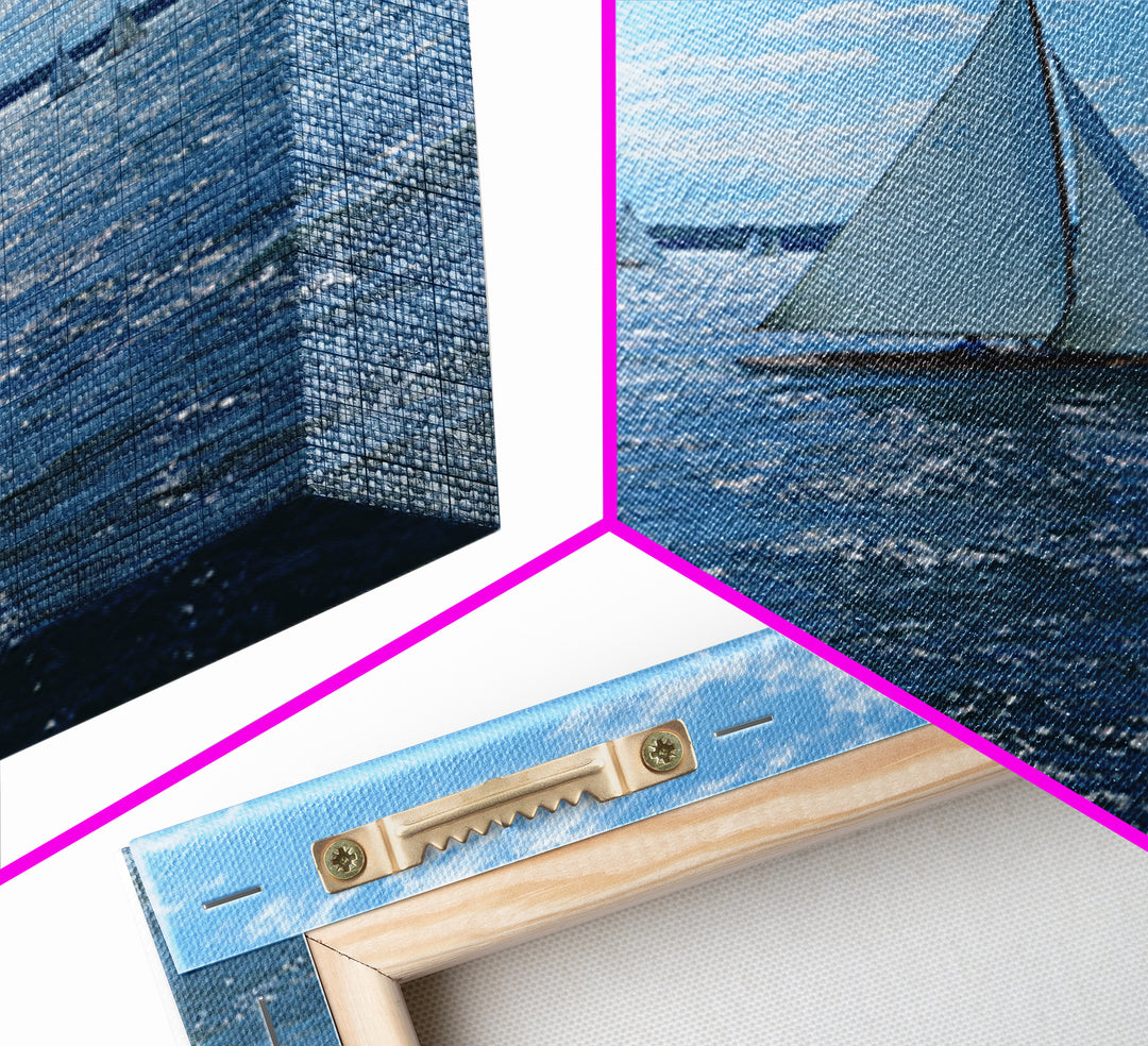 White Sailboats On Sparkling Blue Lake Wall Art, Coastal Travel Poster, Nautical Living Room Decor, Boat Lover Gift, Office Decor