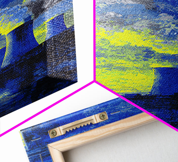 Blue Yellow Power Plant Across Water Canvas Print, Industrial Wall Art, Modern Abstract Decor, Bold Office Poster, Statement Piece