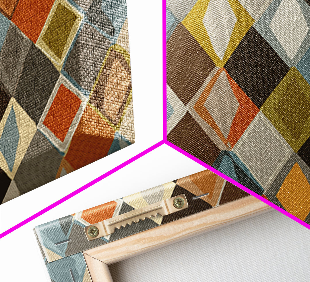 Earthy Argyle Diamond Pattern Framed Canvas Print, Mid Century Modern Wall Decor, Retro Geometric Abstract Art, Orange Blue