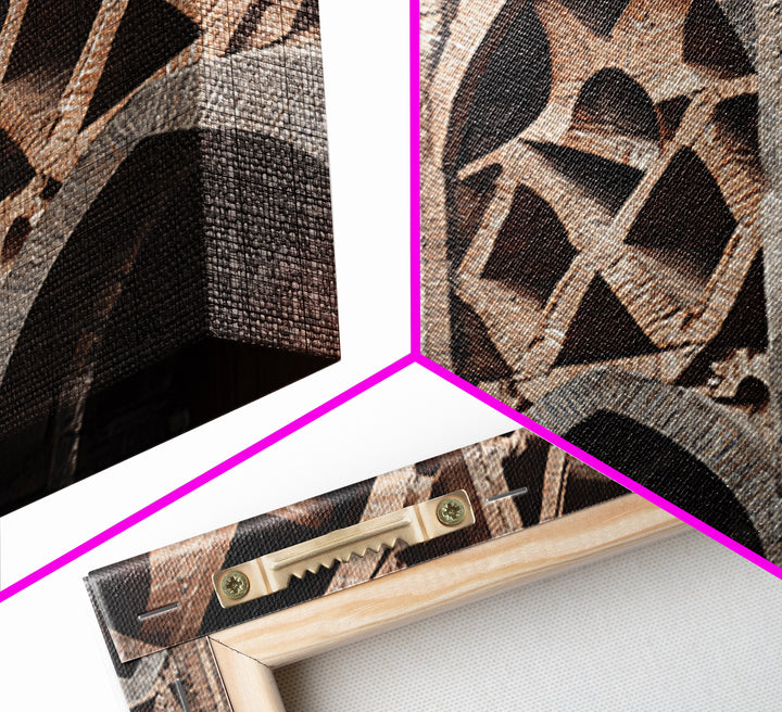 Brick Arch Facade Architecture Canvas Print, Geometric Gothic Arches Wall Decor, Modern Rustic Photo Art, Brown Black Texture