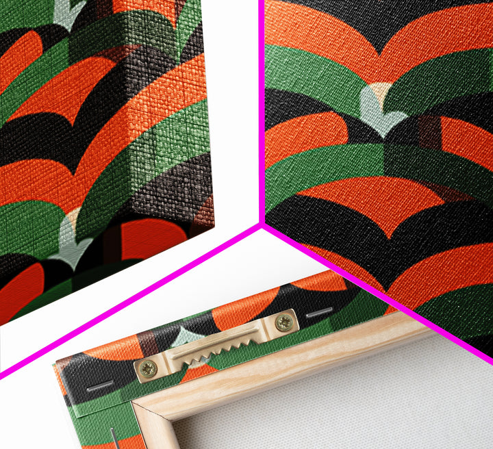 Orange Green Art Deco Fan Pattern Wall Art, Mid Century Modern Abstract Print, Retro Scallop Decor, Bold Black Canvas Home Decor