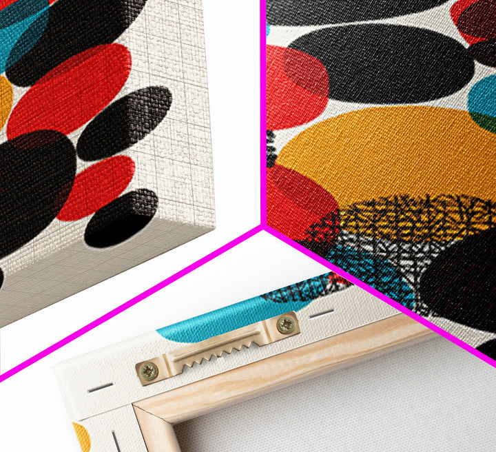 Red Teal Black Circle Cluster Canvas Print, Mid Century Modern Abstract Art, Retro Geometric Wall Decor, Mustard Cream Poster