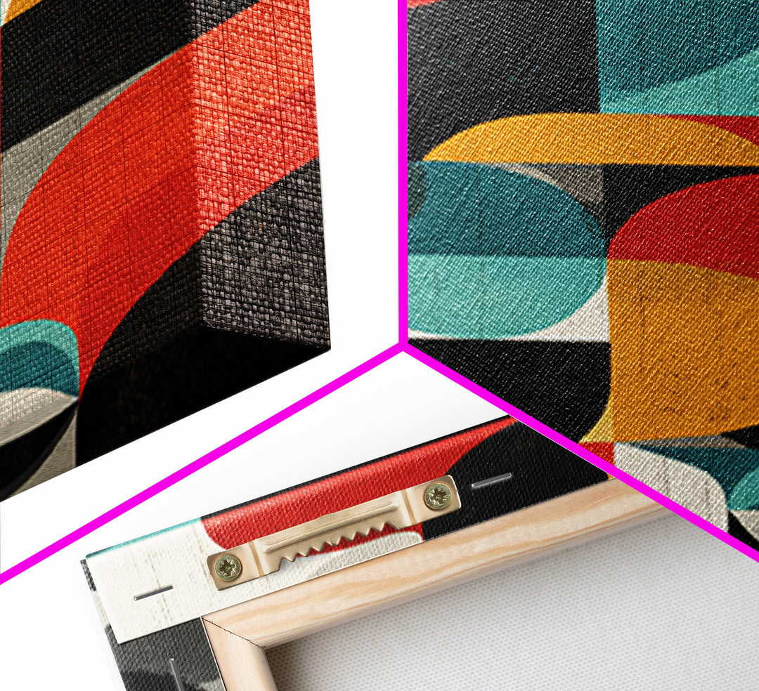 Bauhaus Blocks And Circles Framed Canvas Print, Mid Century Modern Abstract Wall Decor, Retro Geometric Art, Red Teal Mustard
