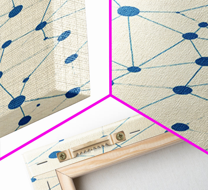 Blue Constellation Dot Pattern Canvas Print, Midcentury Modern Geometric Wall Art, Minimal Abstract Linen Home Office Decor