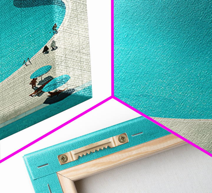 Minimal Turquoise Resort Pool Framed Canvas Print, Midcentury Modern Wall Art, Palm Springs Retro Travel Poster Living Room Decor