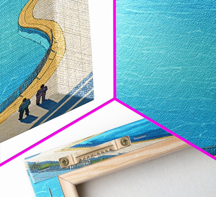 Curved Blue Swimming Pool Wall Art, Midcentury Modern Coastal Resort Print, Minimal Summer Travel Living Room Home Decor