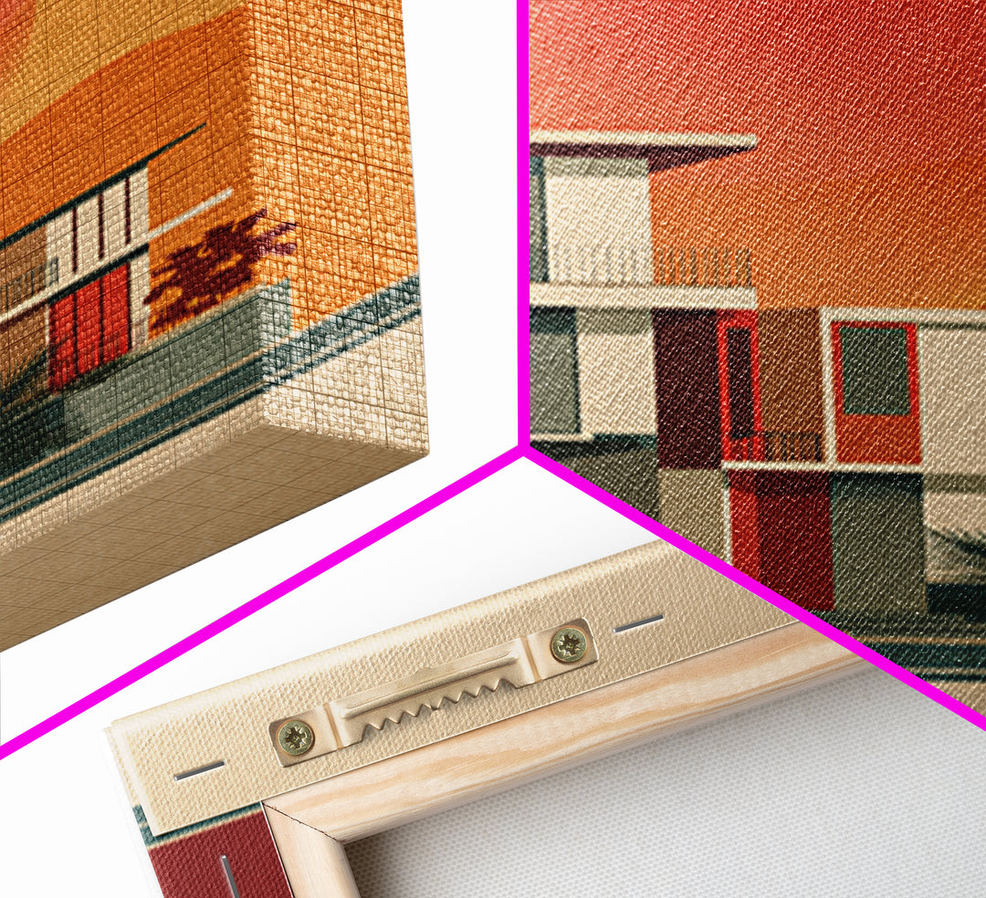 Desert Modernist House With Red Sun Wall Art, Mid Century Modern Poster, Retro Palm Springs Decor, Architectural Art Print