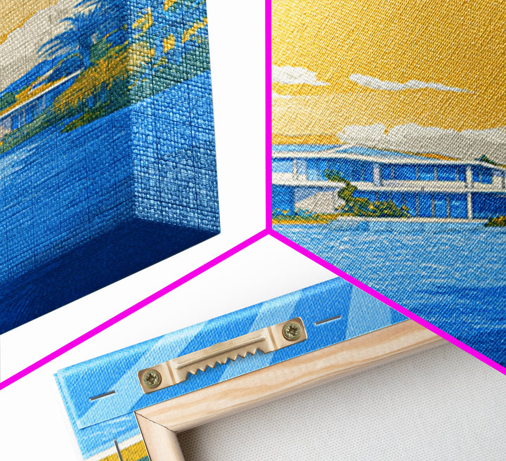 Blue Poolside Modern House With Sun Rays Framed Canvas Print, Mid Century Modern Wall Art, Tropical Palm Springs Decor Poster