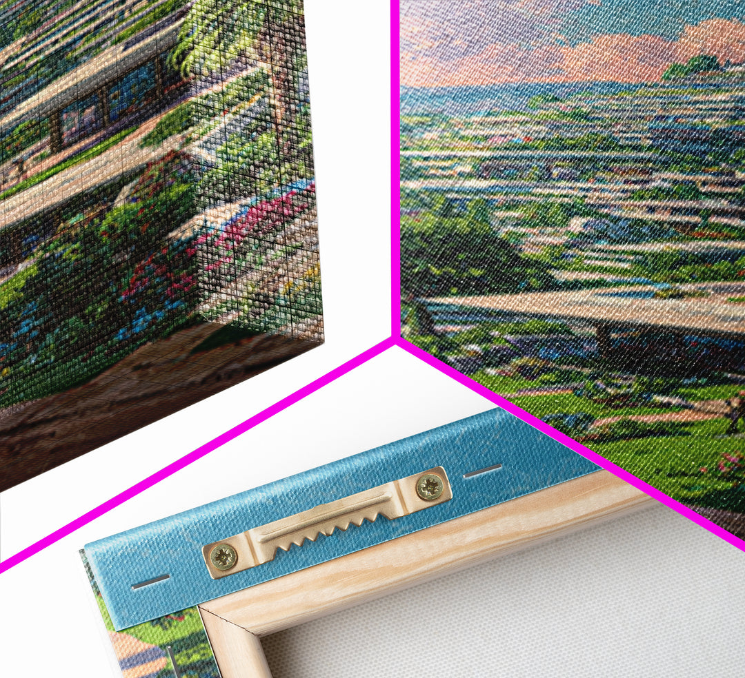 Terraced Hillside Utopia With Pink Clouds Wall Art, Midcentury Modern Architecture Poster, Colorful Landscape Home Decor