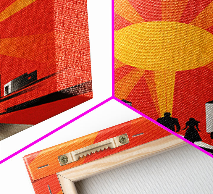 Family Silhouettes Walking Toward Sun Wall Art, Midcentury Modern Poster, Orange Retro Abstract Print, Inspirational Decor