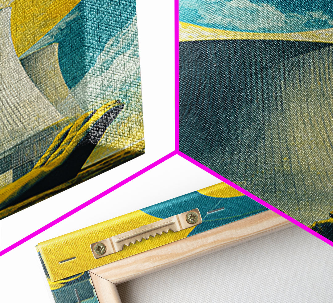 Nuclear Cooling Tower In Giant Hands Canvas Print, Retro Futurist Wall Decor, Yellow Teal Industrial Modern Art, MCM Poster