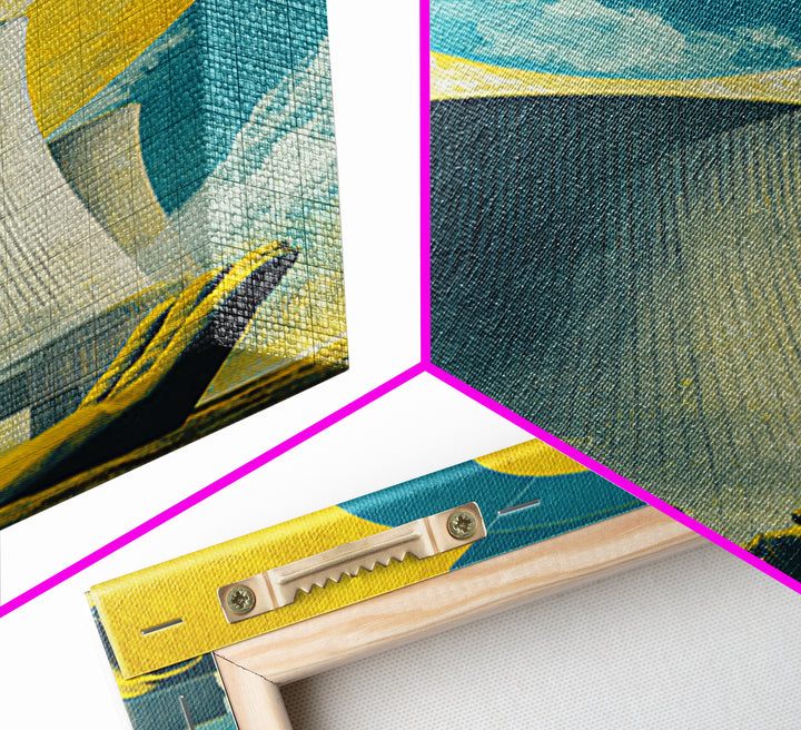 Nuclear Cooling Tower In Giant Hands Canvas Print, Retro Futurist Wall Decor, Yellow Teal Industrial Modern Art, MCM Poster