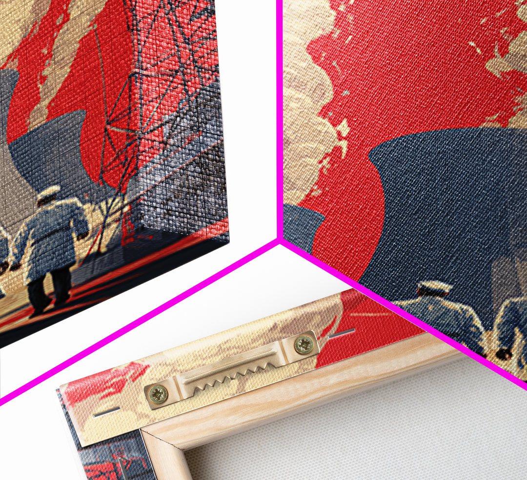 Nuclear Plant Workers Under Red Sky Framed Canvas Print, Industrial Wall Art, Retro Sci Fi Poster, Bold Statement Home Decor