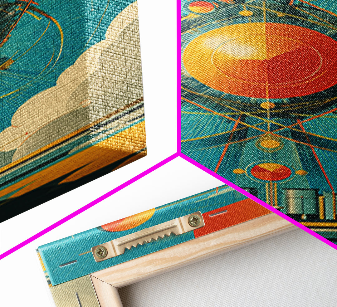 Atomic Orange Sun Orbit Wall Art, Midcentury Modern Abstract Space Poster, Teal Retro Geometric Decor, MCM Canvas Gift, Home Decor
