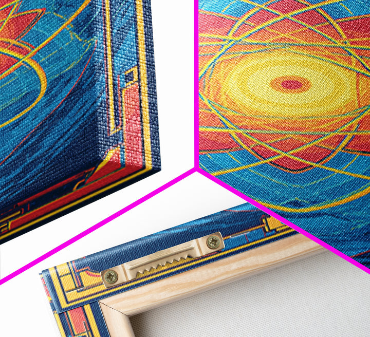 Radiant Atomic Mandala Framed Canvas Print, Midcentury Modern Art, Blue Geometric Wall Decor, Retro Sci Fi Home Poster Gift