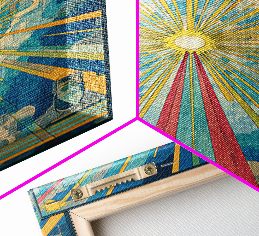 Radiant Cloud Cathedral Canvas Print, Midcentury Modern Sun Rays Poster, Colorful Geometric Sky Wall Art, Retro Home Decor