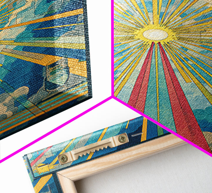 Radiant Cloud Cathedral Canvas Print, Midcentury Modern Sun Rays Poster, Colorful Geometric Sky Wall Art, Retro Home Decor