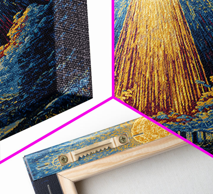 Golden Celestial Beam Canvas Print, Modern Abstract Art, Cosmic Sun Landscape Poster, Blue Yellow Wall Decor, Spiritual Gift