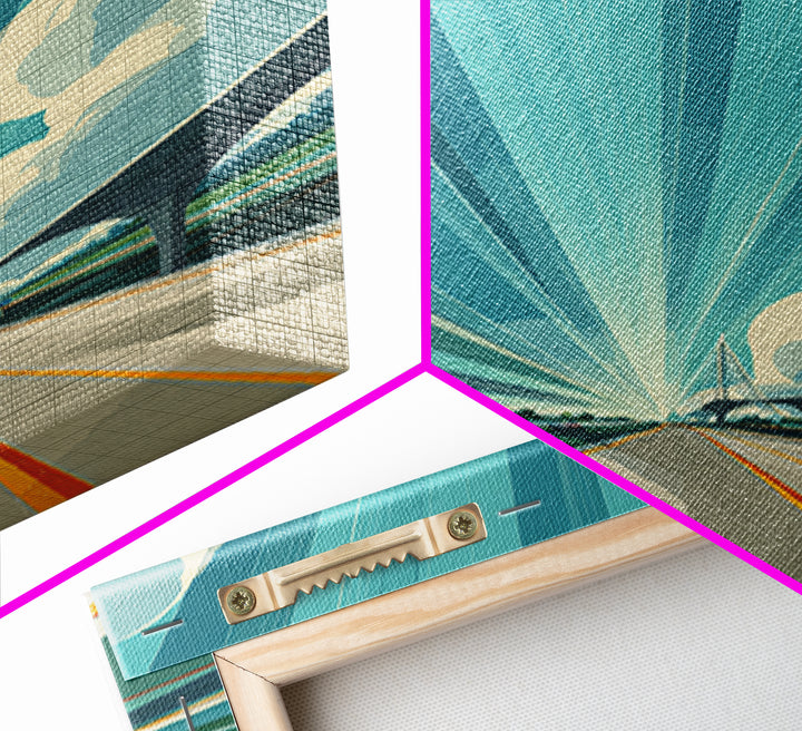 Futuristic Highway Light Rays Wall Art, Retro Modern Poster, Architectural Art, Travel Wall Art, Blue Geometric Office Decor
