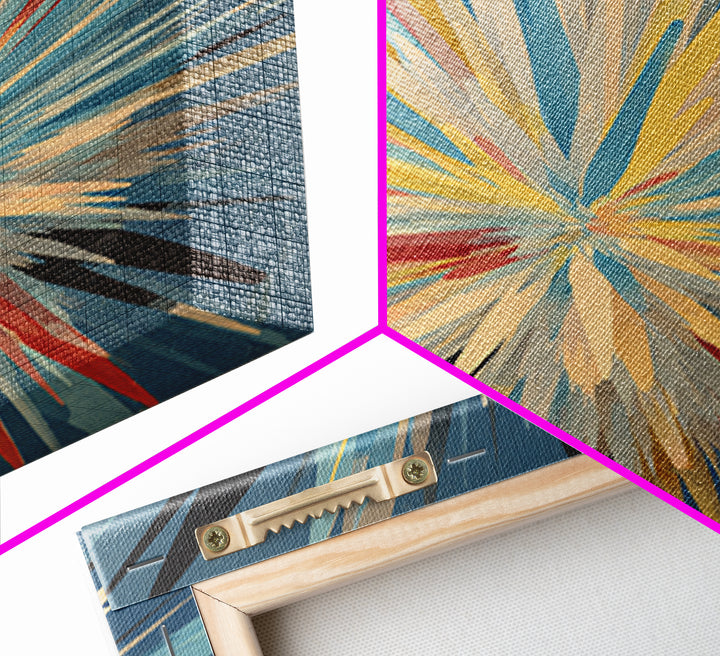 Exploding Abstract Starburst Canvas Print, Modern Wall Art, Colorful Geometric Poster, Blue Red Yellow Midcentury Decor Gift