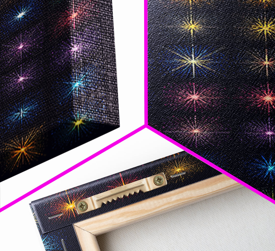 Glowing Starburst Fireworks Grid Wall Art, Midcentury Modern Art Print, Atomic Retro Poster, Dark Navy Living Room Decor