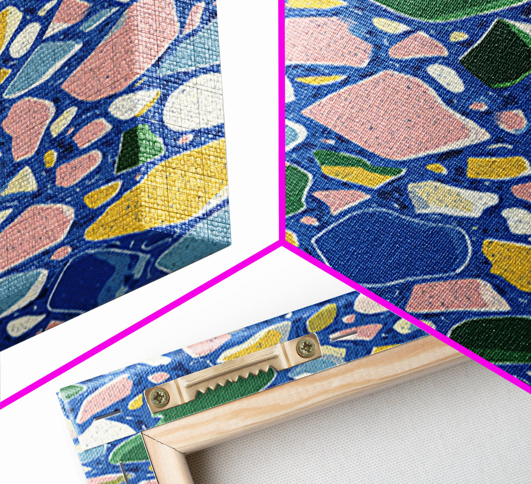 Blue Pebble Terrazzo Mosaic Pattern Canvas Print, Midcentury Modern Wall Art, Colorful Abstract Geometric Home Decor Poster Gift