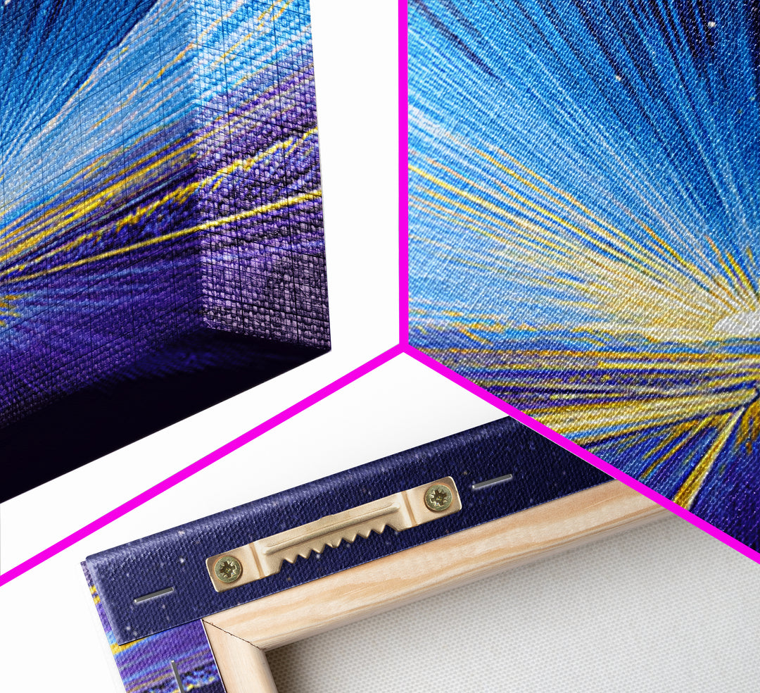 Radiant Starry Sunrise Road Wall Art, Modern Digital Art, Retro Sci Fi Poster, Blue Landscape Print, Large Living Room Decor