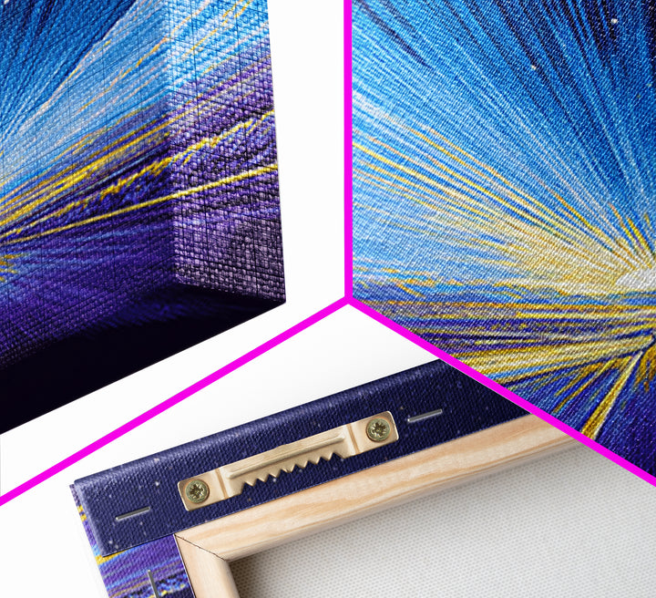 Radiant Starry Sunrise Road Wall Art, Modern Digital Art, Retro Sci Fi Poster, Blue Landscape Print, Large Living Room Decor