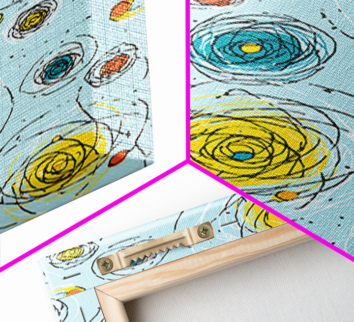 Scribble Spiral Circles On Sky Blue Wall Art, Midcentury Modern Abstract Print, Playful Colorful Geometric Office Home Decor