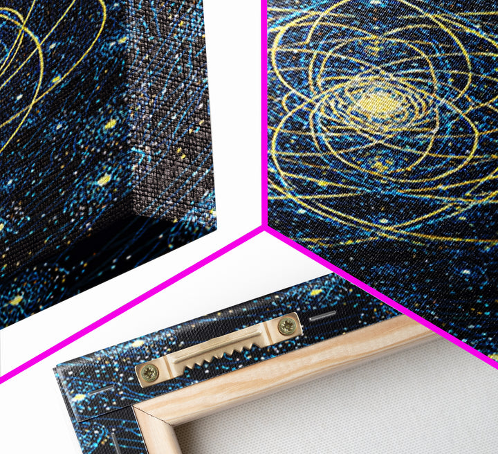 Blue Gold Cosmic Atom Mandala Wall Art, Midcentury Modern Art, Space Abstract Art, Geometric Wall Decor For Home Office, MCM Print