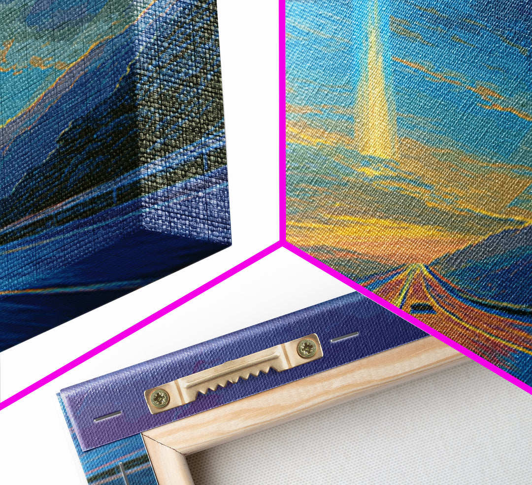 Mountain Highway Sunset Beam Canvas Print, Scenic Travel Wall Art, Modern Digital Art, Blue Orange Landscape Office Decor