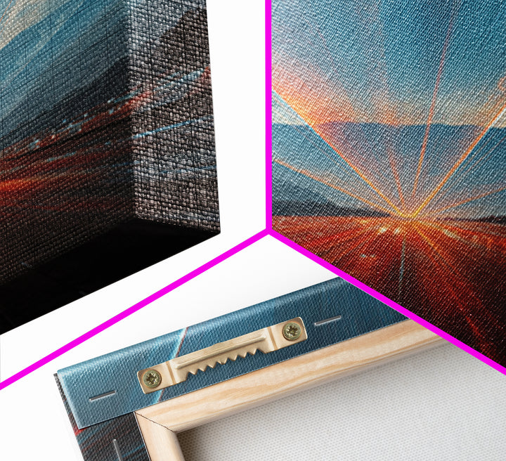 Sunrise Mountain Freeway Light Trails Wall Art, Modern Abstract Art, Scenic Travel Poster, Blue Orange Office Decor Print