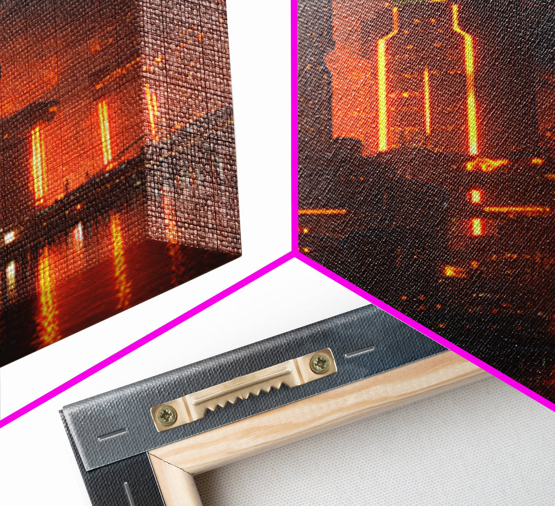 Burning Neon Futuristic Skyline Framed Canvas Print, Modern Wall Art, Dark Sci Fi City Poster, Orange Black Industrial Decor