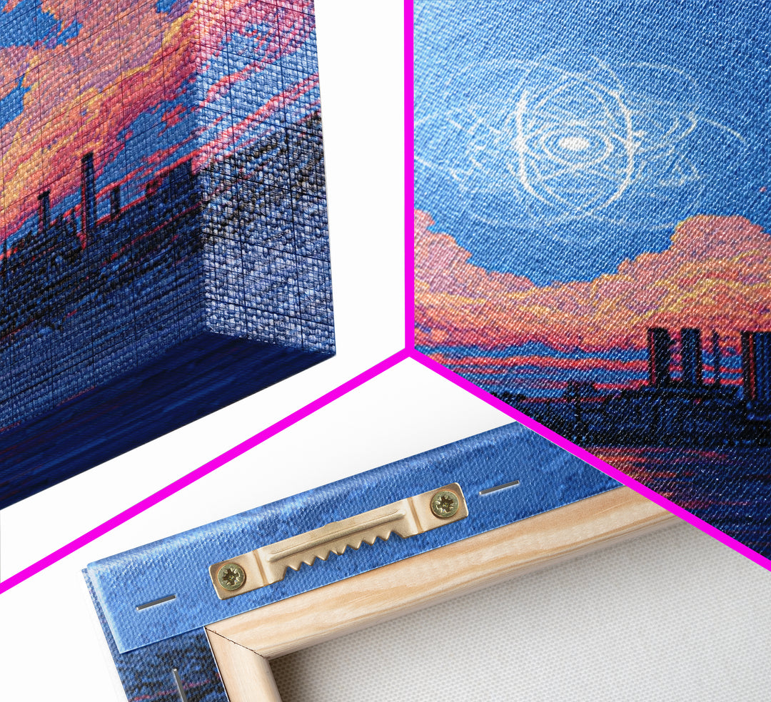 Industrial Waterfront With Atomic Pink Clouds Canvas Print, Mid Century Modern Wall Art, Retro Sci Fi Poster, Blue Wall Decor