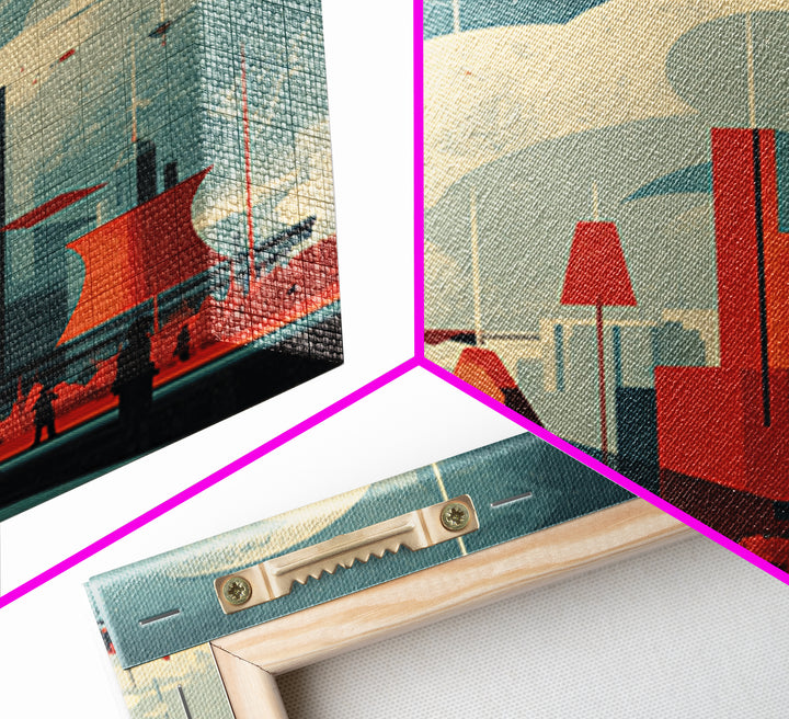 Retro Futuristic City With Red Towers Canvas Print, Mid Century Modern Wall Art, Atomic Sci Fi Poster, Geometric Home Decor