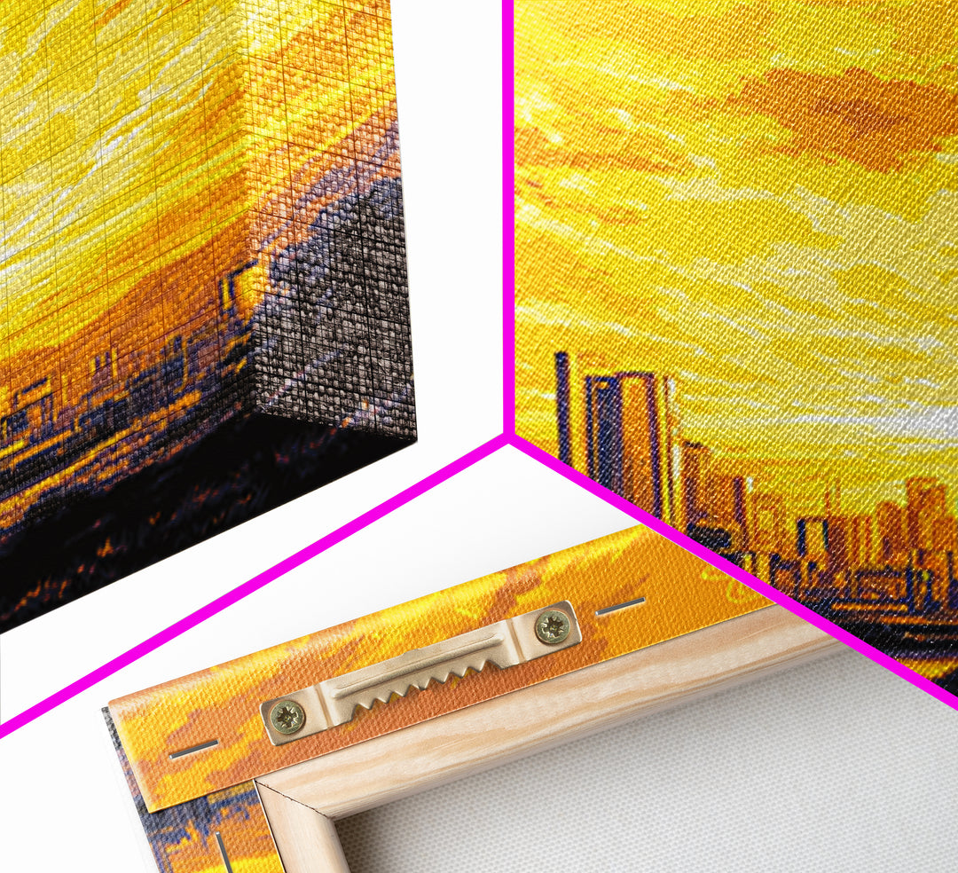 Golden Atomic Skyline At Sunset Framed Canvas Print, Mid Century Modern Wall Art, Yellow Poster, Retro Futuristic City Decor