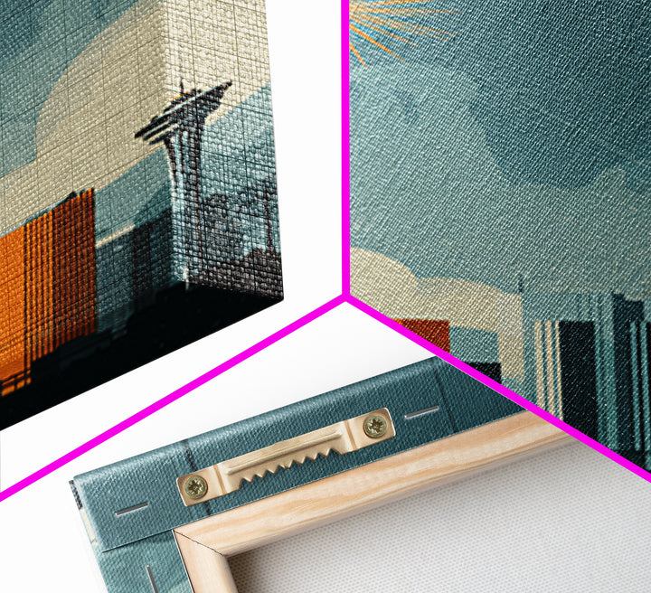 Seattle Skyline With Orange Starbursts Wall Art, Midcentury Modern Decor, Space Needle Print, Retro Cityscape Poster Home Decor