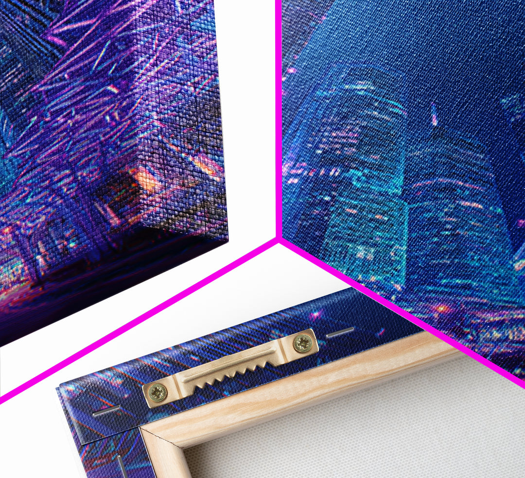 Neon Cyberpunk Skyscraper City Canvas Print, Modern Wall Art, Blue Purple Urban Night Poster Print, Contemporary Office Decor