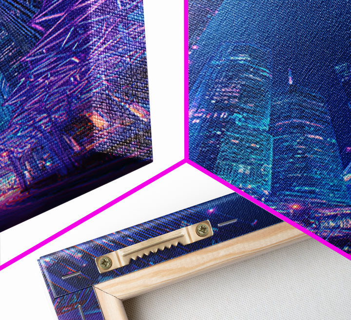 Neon Cyberpunk Skyscraper City Canvas Print, Modern Wall Art, Blue Purple Urban Night Poster Print, Contemporary Office Decor