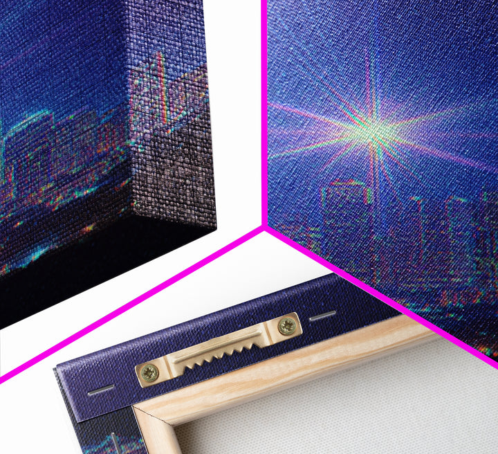 Bright Star Over Night Skyline Canvas Print, Modern Wall Art, Blue City Lights Poster, Space Abstract Art, Bedroom Decor Print
