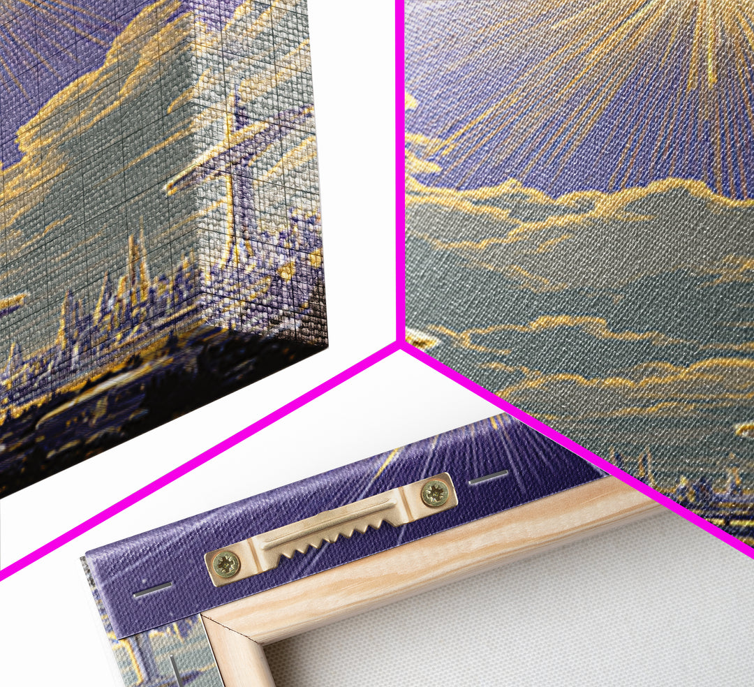 Futuristic Utopia City With Radiant Sun Canvas Print, Retro Sci Fi Wall Art, Space Age Skyline, Modern Home Decor Office Poster Print